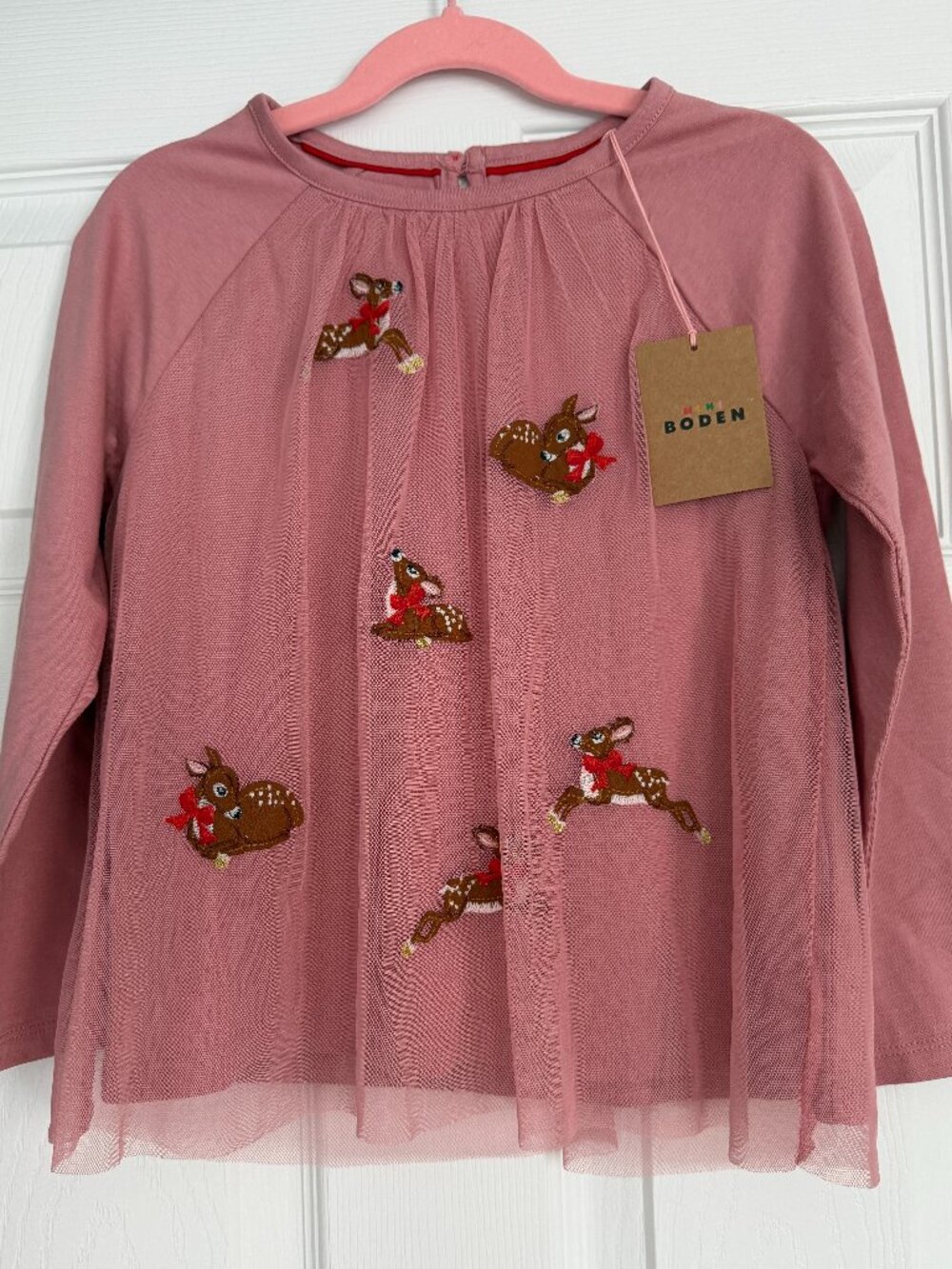 Mini Boden Girls 5-6 year Pink Tulle Embroidered Deer Long Sleeve Top NWT